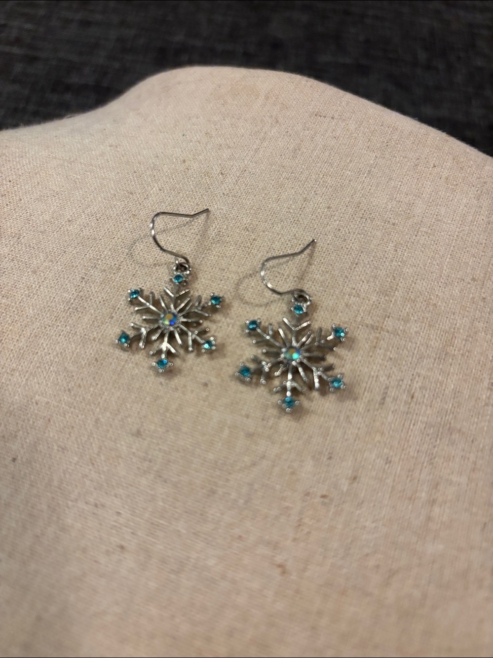 Silver tone Snowflake Drop Earrings with blue stone Accents